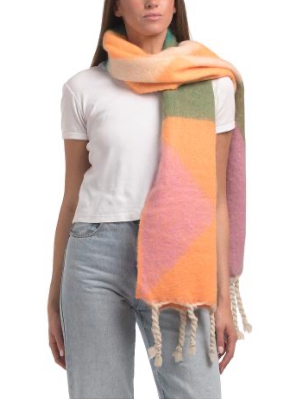Lulla Collection Geometric Chunky Tassel Scarf / Colorblock Fringe in Orange